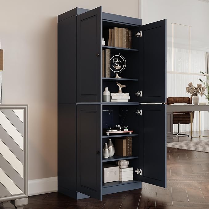 Palace Imports Solid Wood Bookcase - 6-Shelf Tall Bookshelf, 71.5” H x 32” W - Antique Blue, Wooden Cabinet Doors, Adjustable Shelves, 100% Renewable Eco-Friendly Wood, Made in Brazil