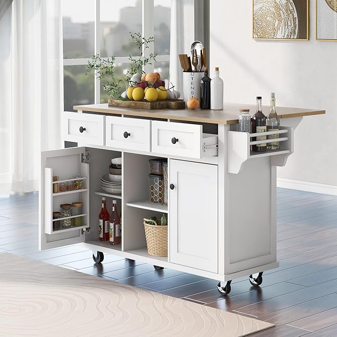 Kitchen Island Cart with Drop-Leaf Cabinet Door Internal Storage Rack 5 Wheels 3 Drawers for Kitchen, Dining Room, Bathroom 53.1" W*29.5" D*37.2" H White