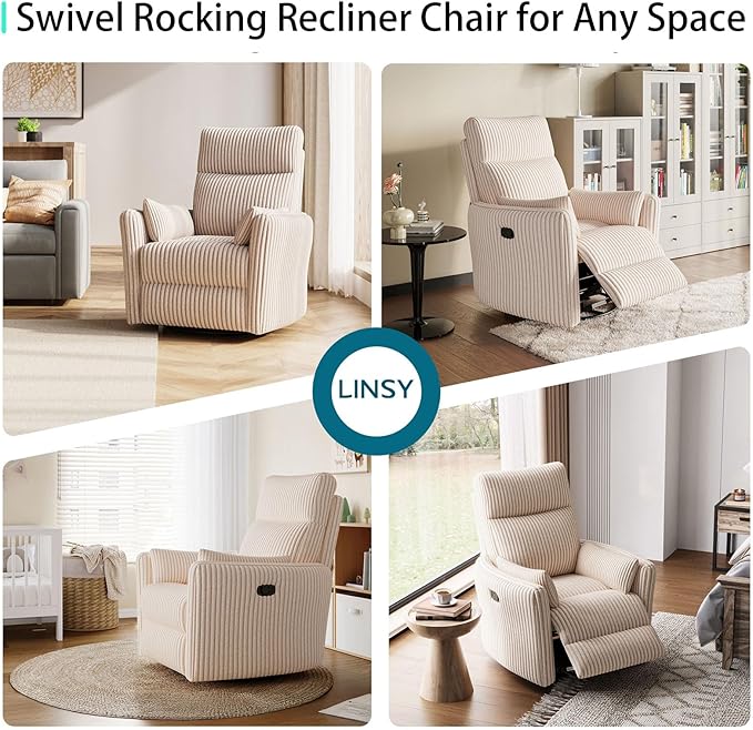 LINSY 360 Swivel Recliner Chair: Corduroy Rocking Chair Nursery Glider Chairs with 2 Pillows Comfy High Back Adult Recliner for Small Spaces, Living Room Bedroom Nursery Reclining Chairs, Beige