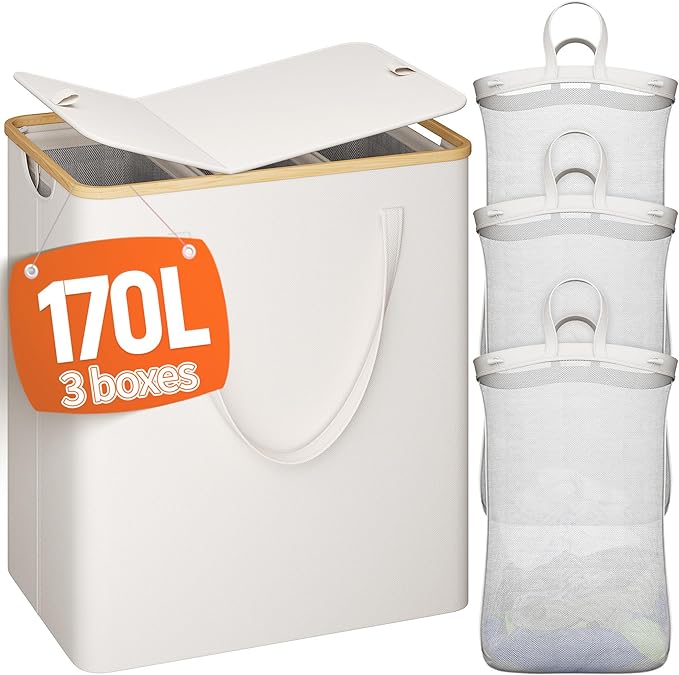 170L Laundry Hamper with Lid 3 Section, Extra Large Laundry Basket with 3 Removable Bags, Laundry Basket Organizer for Bedroom, Laundry Room, Dorm, Clothes Hamper, Beige