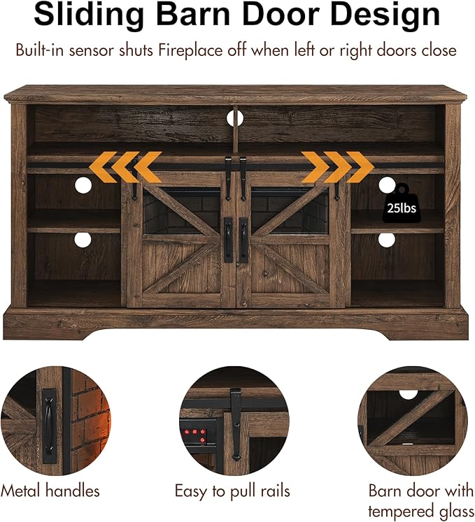 Fireplace TV Stand with Auto-Power-Off Door Sensor, Farmhouse 70" TV Console, Media Entertainment Center with Sliding Barn Door, Adjustable Shelves, Fireplace Heater, Reclaimed Barnwood