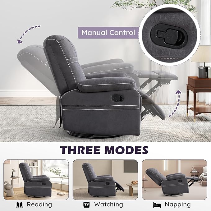 ANJ Oversized Swivel Rocker Recliner Chair for Adults, Manual Rocking Recliner Glider Recliner Nursery Chair Clearance with Decorative Stitching Soft Fabric Thick Cushion for Living Room Bedroom