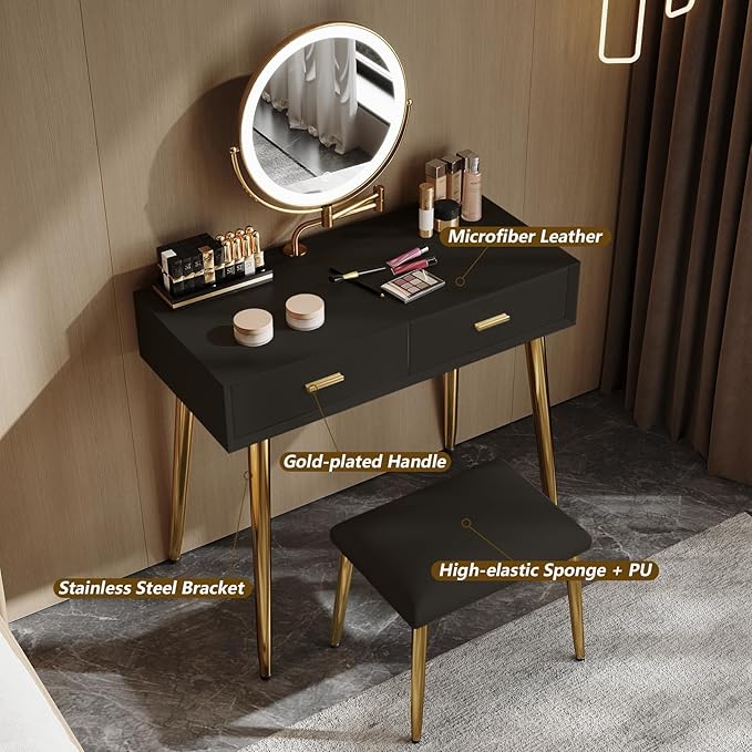 IKuinen Makeup Vanity Desk with Mirror and Lights, Small Vanity Table with 2 Drawers, Stool,Vanity Set for Bedroom with Microfiber Leather, 3 Lighting Modes - 31.5In Black