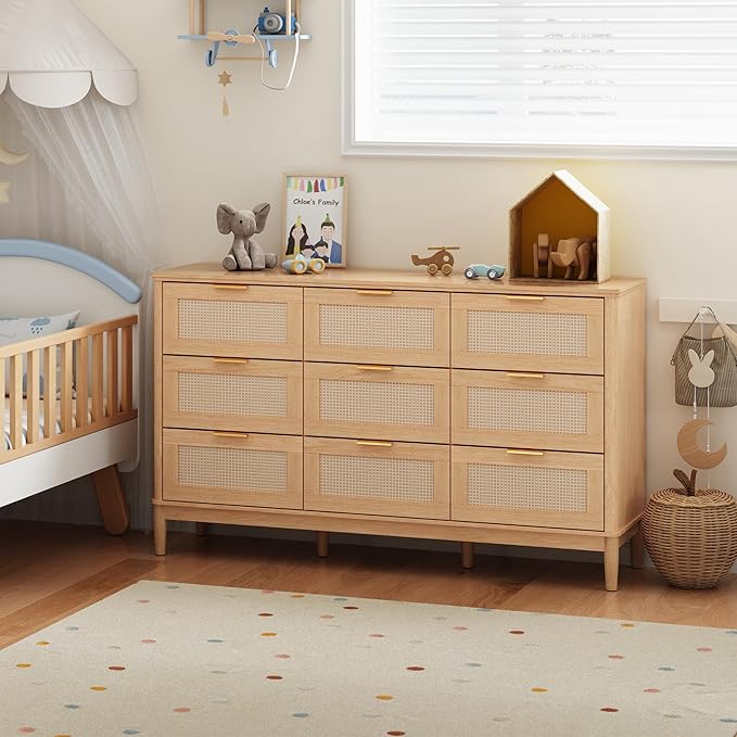 LINSY HOME Rattan Dresser for Bedroom with 9 Drawers, 58" Wide Chest of Drawers, Mid Century Modern Dresser TV Stand with Metal Handle, Wood Closet Storage Cabinet for Living Room, Hallway, Oak