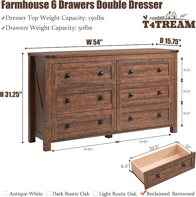 T4TREAM Farmhouse 6 Drawers Dresser for Bedroom, Wood Rustic Wide Chest of Drawers, Storage Dressers Organizer for Bedroom, Living Room, Hallway, Reclaimed Barnwood Color