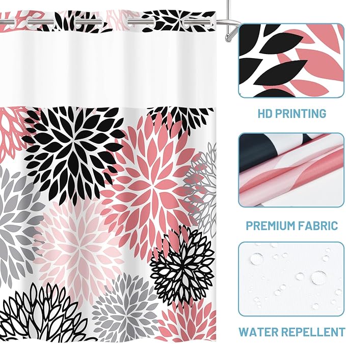 No Hook Shower Curtain with Snap in Liner - Dahlia Floral Shower Curtain - Fabric Waterproof Inner Liner, Plants Pink Grey Flowers Modern Cloth Shower Curtains - Machine Washable, 71 x 74