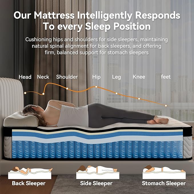 Queen Size 12 Inch Hybrid Mattress with Individually Wrapped Coils and Cooling Memory Foam, Medium Firm Support with Motion Isolation & Edge Support, CertiPUR-US Certified, Mattress in a Box