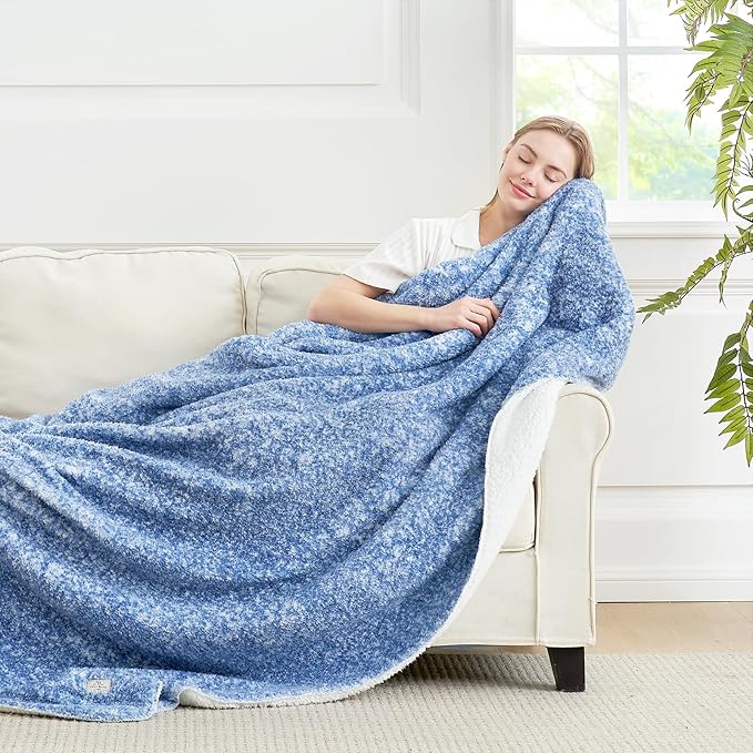 Cozy Bliss Ultra Soft Reversible Double Sherpa Sided Blanket, Fluffy Thick Warm Plush Fuzzy Blanket for Couch, Bed and Gifts (Mottled Navy Blue, 50" x 60")
