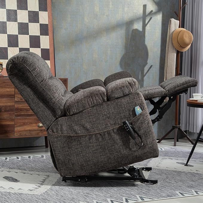 3-Motor Lift Chair with Adjustable Seat Height Zero Gravity Lay Flat Recliner with Heat Massage - Flip Arm Storage Cup Holders - Power Lift Recliner for Elderly – Big Tall 400 lbs (Dark Charcoal Grey)