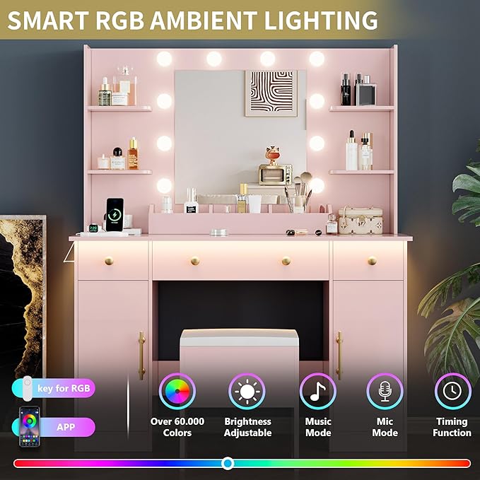 Vanity Desk with Mirror and Lights, Makeup Dressing Table Set with Storage Drawers & Stool, Power Outlet, 3 Lighting Modes Adjustable Brightness & RGB Ambient Light for Women Girls Bedroom, Pink
