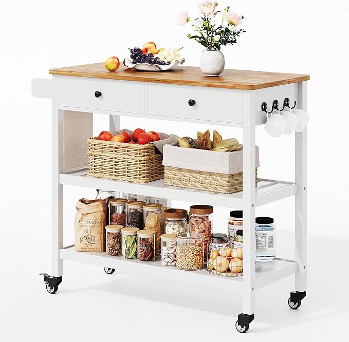 Gizoon Kitchen Island Cart on Wheels with 40'' Wood Tabletop, 2 Open Tiers Spacious Storage Shelves and Towel Rack, Rolling Utility Cart with 3 Side Hooks and 2 Drawer for Dining Room, Bar, White
