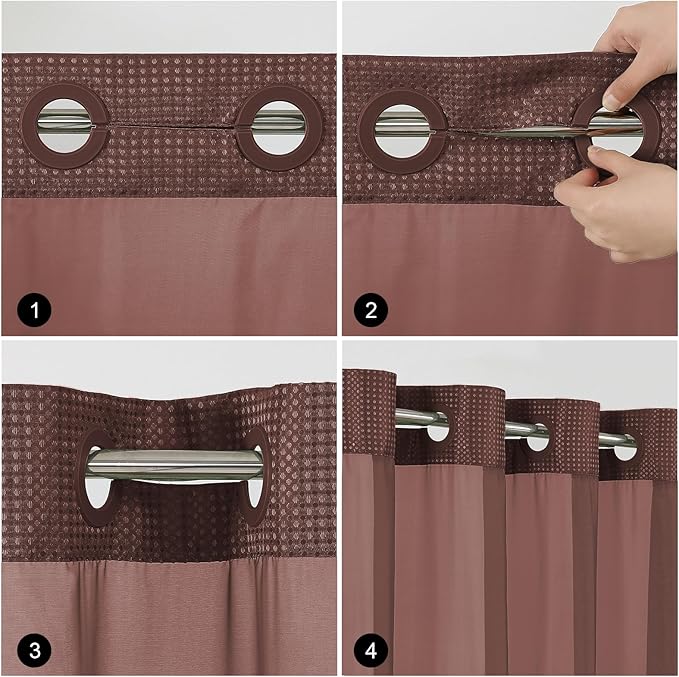 Colorful Star No Hook Shower Curtain with Snap in Fabric Liner, Waffle Weave Heavy Duty Thick Shower Curtains with Mesh Top Window, Hotel Style Waterproof Bathroom Curtain Set, 72 x 75 Inch, Brown