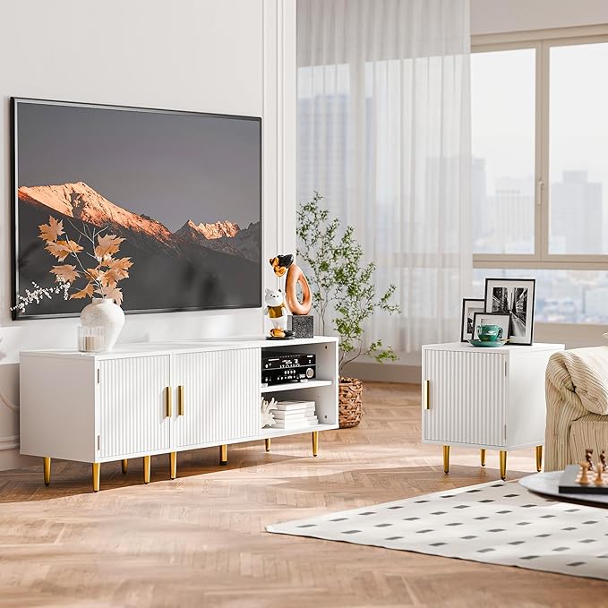 Cozy Castle 75" Modern Fluted Stand for TV up to 80", Mid Century Entertainment Center with Storage and Open Shelves, Media Console for Living Room, Bedroom, White
