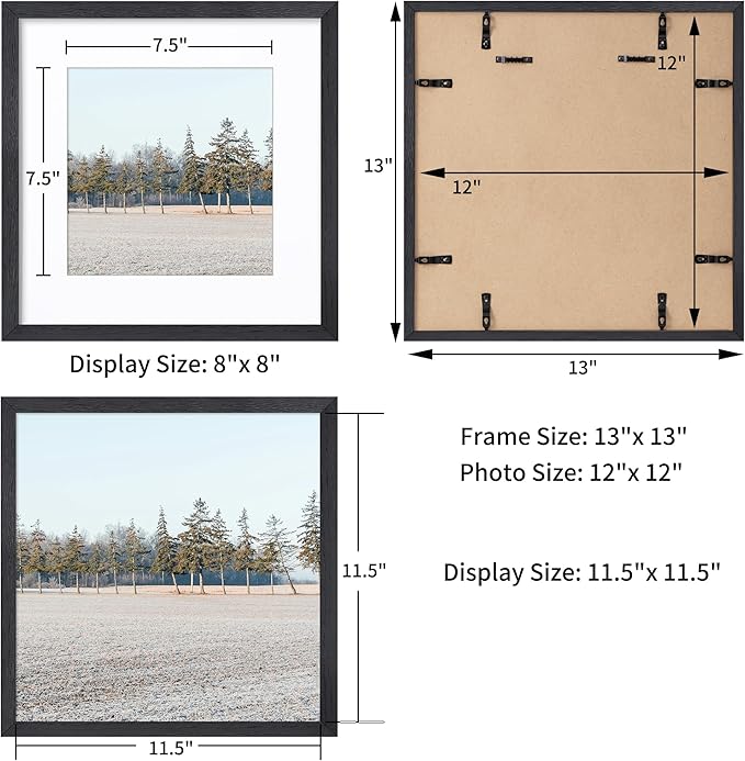Axeman 12x12 Picture Frame with Mat for 8x8, Solid Oak Wood Square Picture Frame with Tempered Glass, Natural Wooden 12x12 inch Photo Frame for Wall Home Decor Art Photo and Prints, Set of 2, Black