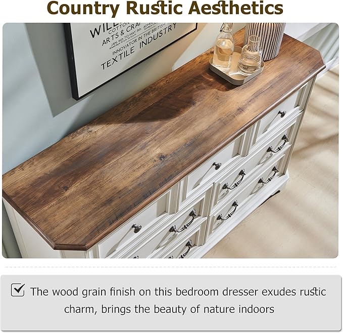 T4TREAM Farmhouse 7 Drawers Dresser for Bedroom, 54" Wide Wood Rustic Chest of Drawers with Natural Texture, Vintage Design, Storage Dressers Organizer for Bedroom, Living Room, Hallway, Antique White