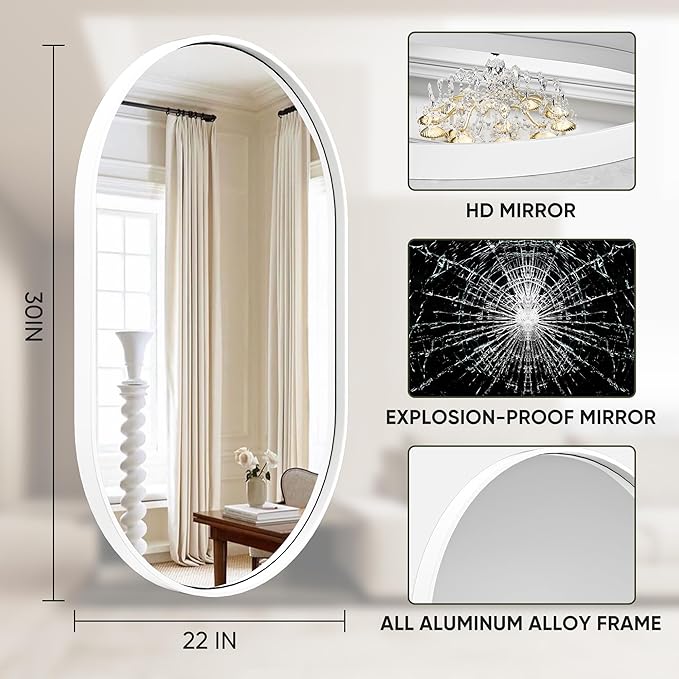 Suidia 20" x 30" Bathroom Mirror, Bathroom Vanity Mirror Metal Framed, Wall-Mounted Mirrors for Bedroom, Living Room, Entryway, Hallway, White, Oval Style