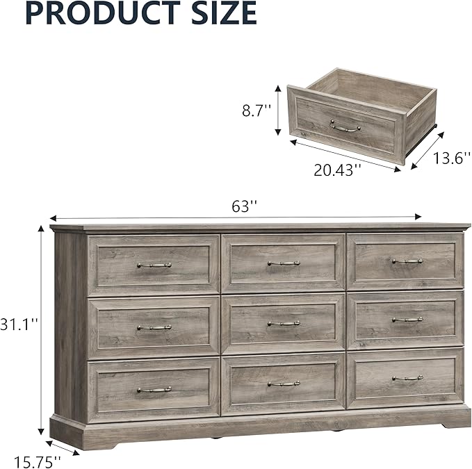 Dresser for Bedroom with 9 Drawer, Farmhouse Long Dresser for Closet,63'' Wide Rustic Wooden Chest of Drawers with Natural Wood Texture, Vintage Storage Organizer for Living Room, Hallway, Grey