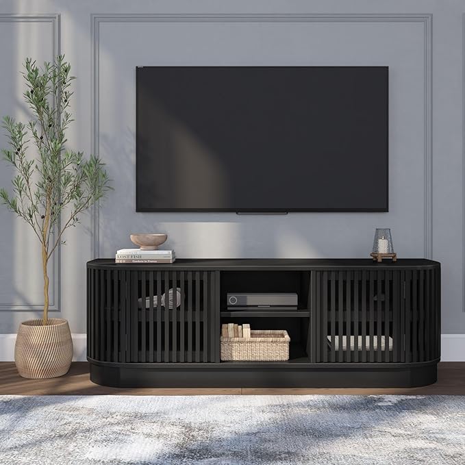Plank+Beam Contour Wood TV Stand, Solid Wood Entertainment Console with Storage, 59" L x 16" W x 19" H, Black
