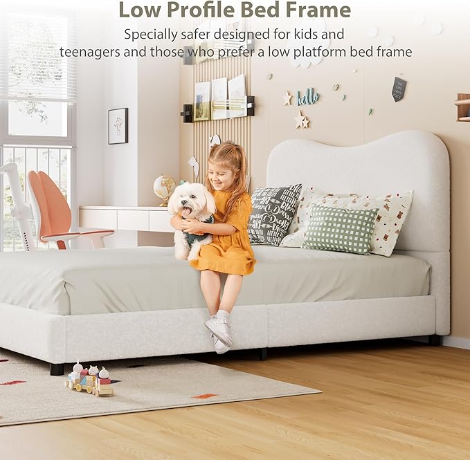 GarveeHome Upholstered Queen Bed Frame with Headboard, Upholstered Velvet Low Profile Platform Bed, No Box Spring Needed, Strong Wooden Slats, Noise Free, Easy Assembly, White