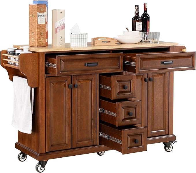Generic 60.5"" Kitchen Island on Wheels, Rolling Island Table for Kitchen with Double Storage Cabinet and 5 Drawers, Portable Kitchen Cart with Rubber Wood Top, Mahogany, Large