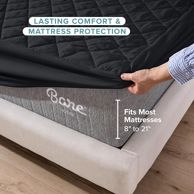 Bare Home Queen Quilted Fitted Mattress Pad - Cooling Mattress Cover - Easily Washable - Elastic Fitted Cover for Mattress - Stretch-to-Fit up to 15 Inches Deep (Queen, Black)