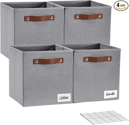 Collapsible Fabric Storage Cube Bins with 2 Reinforced PU Handles, Foldable Storage Organizer Baskets for Closet, Shelves, Living Room | 11"x11"x11", 4 Pack, Full Gray