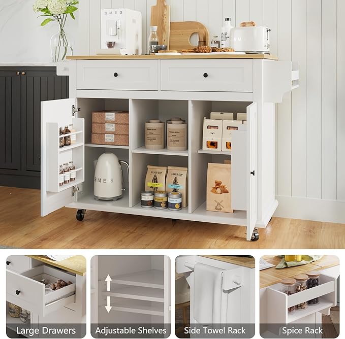 Rolling Kitchen Island Cart with Drop Leaf, Large Kitchen Island on Wheels with Storage and 2 Drawers, Mobile Island for Kitchen with Rubber Wood Countertop, Towel Rack (White, Large)