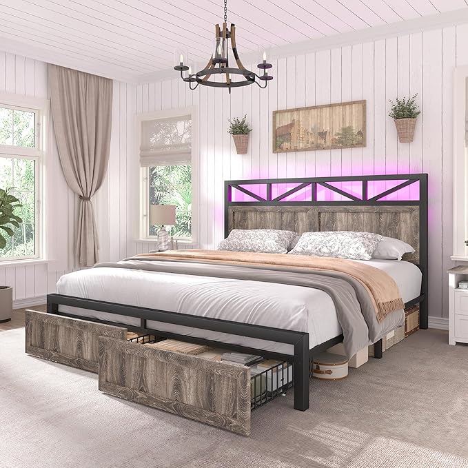 EnHomee Full Size Bed Frame with 2 Storage Drawers and Headboard Full Bed Frame with Built in Charging Station & LED Light,NO Noise,No Box Spring Needed,Light Grey