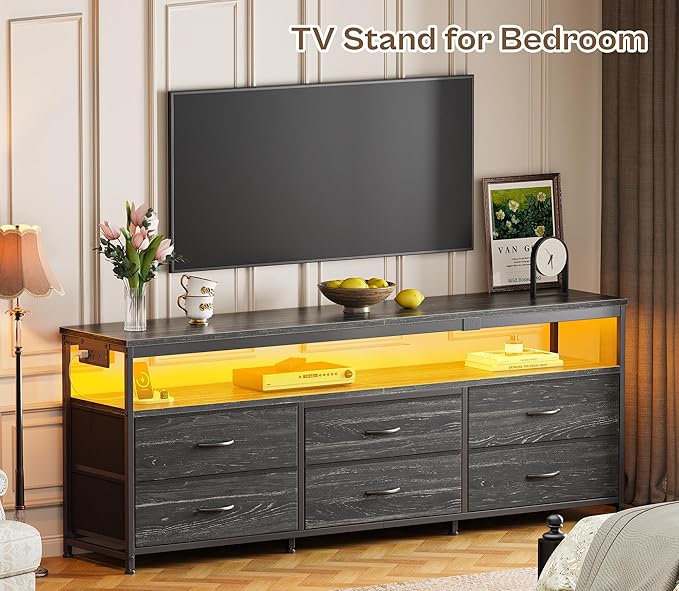 Huuger 63 Inch TV Stand for 55, 65, 70 Inch TV, Long Dresser TV Stand for Bedroom, Charcoal Black LED TV Stand with Power Outlets, Fabric Dresser with Storage, Entertainment Center for Living Room