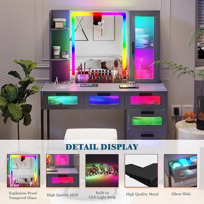 HNEBC Grey LED Vanity, Makeup Vanity with RGB Lights and 6 Drawers for Bedroom, Makeup Desk with USB/Wireless Charging, Dressing Table with Shelves/Cabins/Stool, Vanity Table Set as Gifts for Girls