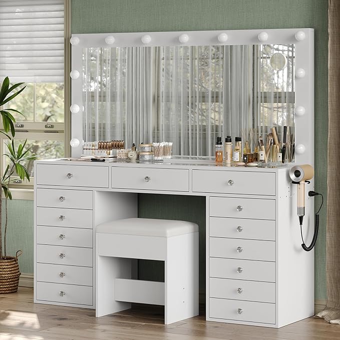 55" W Vanity Desk, Makeup Vanity with Charging Station, 15 Drawers with Lighted Mirror, 3 Lighting Modes, Brightness Adjustable, Glass Top, Vanity Table with Chair for Bedroom, White