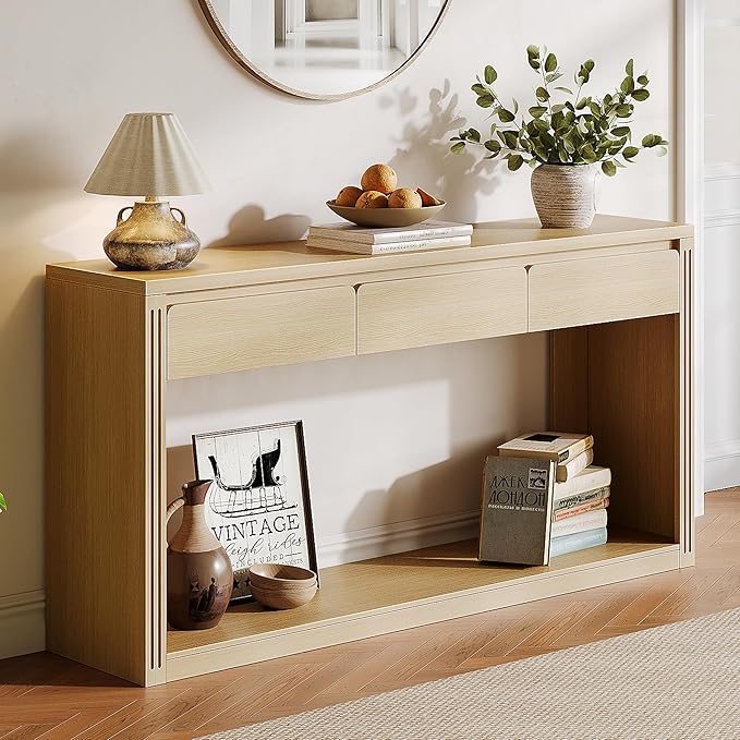 Treocho 63.9" Long Console Tables for Entryway, Farmhouse Entryway Table with Drawers, Narrow Sofa Table Behind Couch Table for Living Room, Entrance, Hallway, Natural