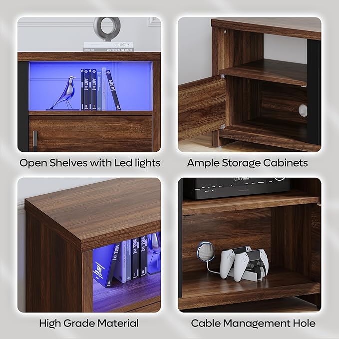 Bestier 70" Electric Fireplace TV Stand for TVs Up to 80", Modern Fireplace Entertainment Center with Storage Cabinets, LED Lights, Open Shelves and Cable Holes for Living Room, Walnut