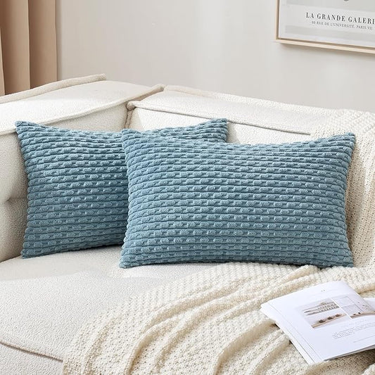 MIULEE Throw Pillow Covers Soft Corduroy Decorative Set of 2 Boho Striped Pillow Covers Pillowcases Farmhouse Home Decor for Couch Bed Sofa Living Room 12x20 Inch Blue Grey