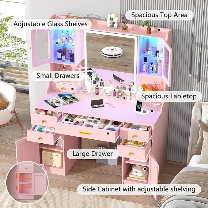 Vanity Desk with LED Lighted Mirror, 41.3" Makeup Vanity Table with Power Outlet and Lots Storage, 6 Drawers and Storage Shelves for Bedroom, Dressing Table with RGB Cabinets, Pink