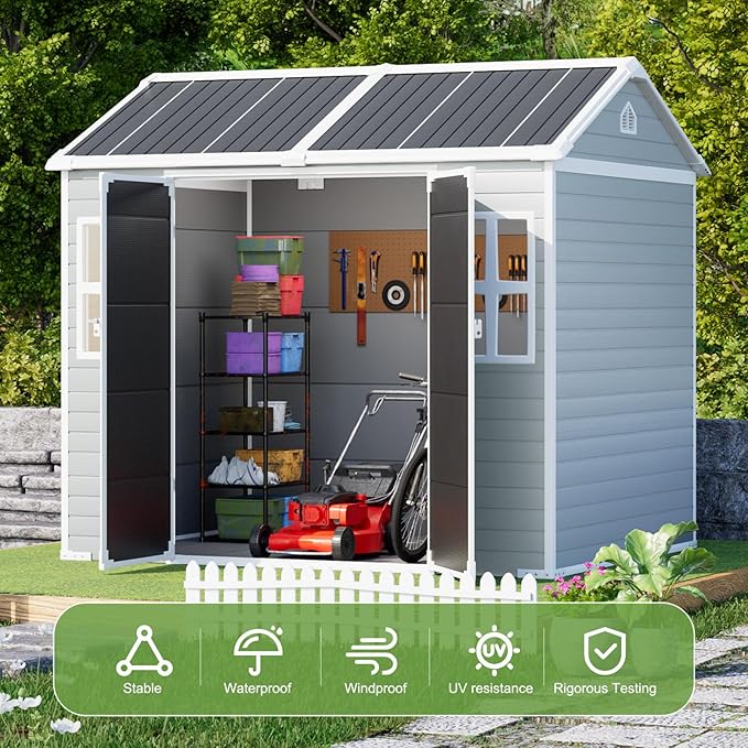 8x6x7 FT Resin Storage Shed, Waterproof Outdoor Shed w/Floor Included, 2 Windows, Double Lockable Doors & Vents,Outside Plastic Tool Sheds for Garden, Lawn, Backyard, Dove Grey