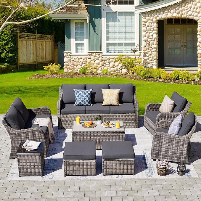 Patio Furniture Set with Swivel Rocking Chairs, 8 Pieces Patio Conversation Set, Outdoor Wicker Sofa Couch with Waterproof Cushions for Lawn Backyard Porch (Grey)