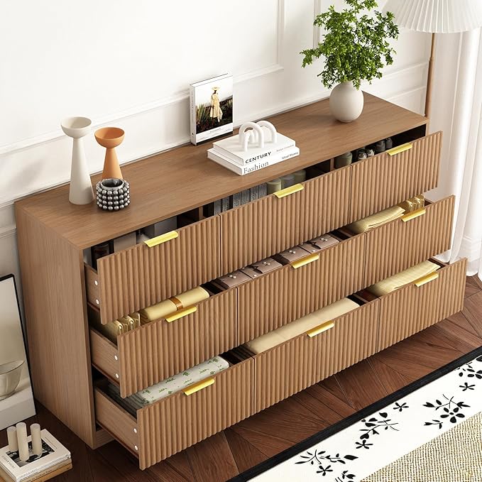 9 Drawer Dresser for Bedroom with Deep Drawers, 63" Wide Wood Dresser, Large Floor Chest of Drawers, Modern Long TV Stand, Mid Century Storage Cabinet Side Table, Natural