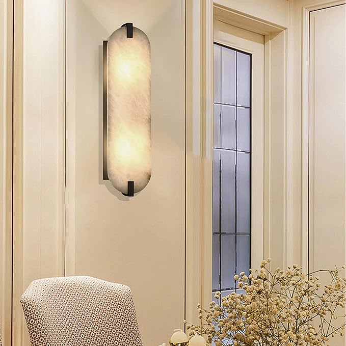 2 Pack 2 Light 20.7" Natural Oval Alabaster Marble Bathroom Wall Sconce Modern Concise Style Wall Light Fixture,Black Finish for Bedroom Hallway Bedside