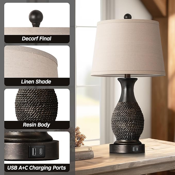 PARTPHONER Table Lamps Set of 2, Bedside Touch Lamp with USB C+A Charging Ports, Side Table Lamp with Linen Fabric Shade (LED Bulbs Included), Black with Gold Accents
