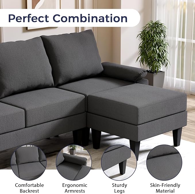 U Shaped Sectional Couch, Convertible Modular Sectional Sofa with Chaise & Ottomans, Modern 6 Seat U Shaped Couches for Living Room Apartment, Grey