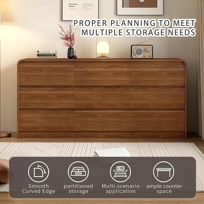 Modern 9 Drawer Dresser, 63-Inch Wood Chest of Drawers, Curved Anti-Collision Design, Mid-Century Storage Cabinet, Pre-Embedded Slots, Natural Texture, for Bedroom, Living Room, TV Stand