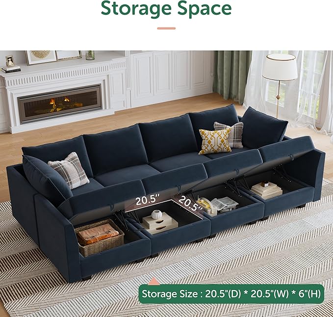 HONBAY Modular Sectional Sleeper Sofa Velvet Sleeper Couch with Storage Seats Oversized Sectional for Living Room,Dark Blue