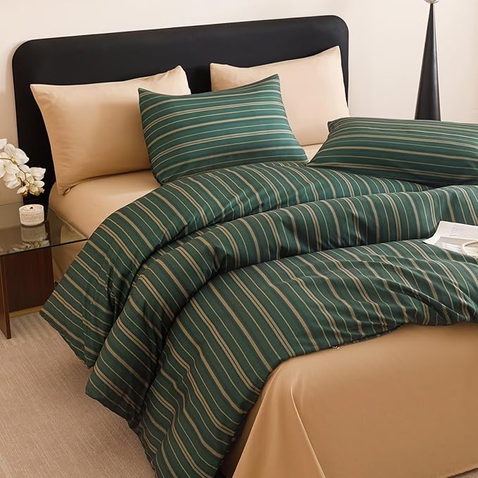 Luxlovery Striped Comforter Set Full Women Men Dark Green Bedding Set Geometric Modern Stripe Pattern Blanket Quilts Durable Lightweight All Season 3PCS Comforter Set