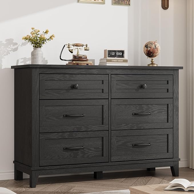 GarveeHome 6 Dresser for Bedroom, 47" Wide Drawer Dresser with Storage Freestanding, Wooden Closet Storage Chest for Living Room, Bedroom, Entryway, Black
