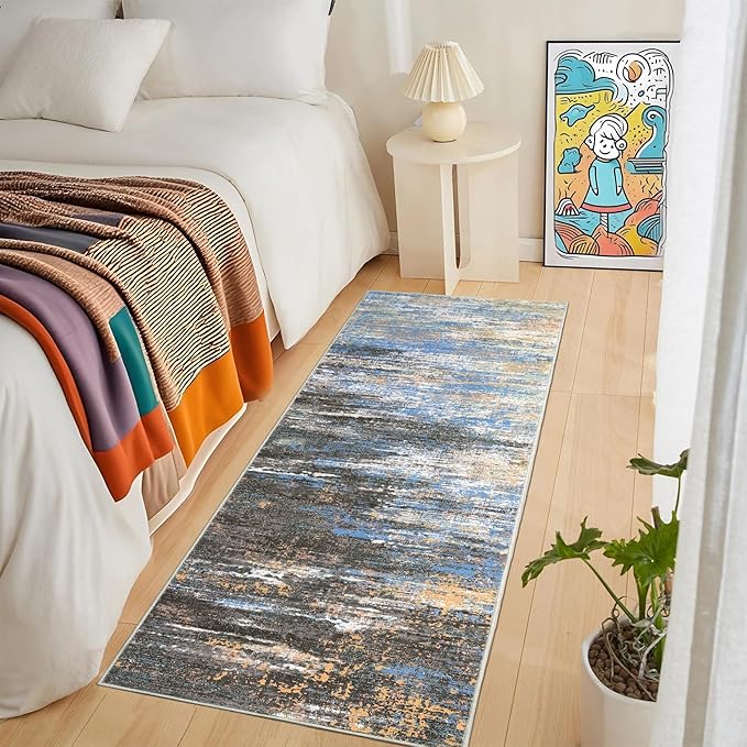 Washable Runner Rug 2x6 Modern Abstract Kitchen Rugs, Non Slip Bathroom Rug, Low Pile Laundry Room Soft Long Carpet for Hallway Bedroom Entryway, Blue/Brown