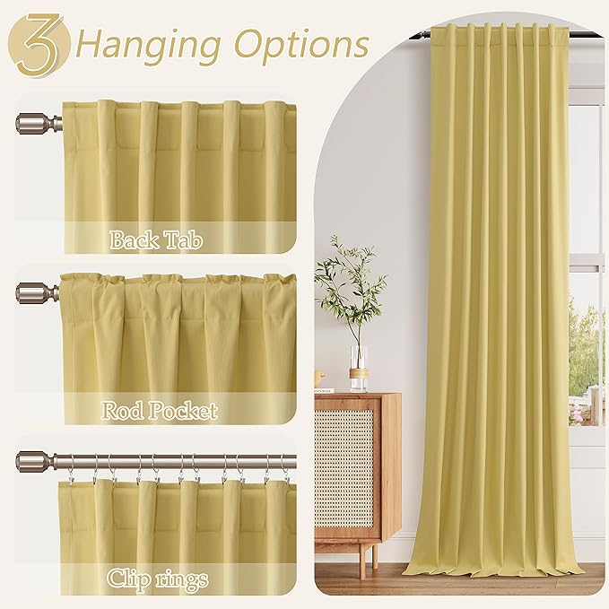 Guken Yellow Blackout Curtains 120 Inch Length 2 Panels Set for Living Room Bedroom Back Tab Thermal Insulated 100% Black Out Linen Drapes Room Darkening Window Curtains 120 Inches Long
