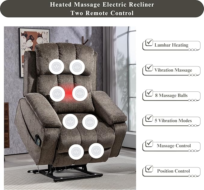 Power Lift Recliner Chairs for Elderly - Infinite Position Lay Flat Recliner with Heat & Massage Side Storage Cup Holder - USB Type C Charging - Dual Motor Lift Chair 400 lbs
