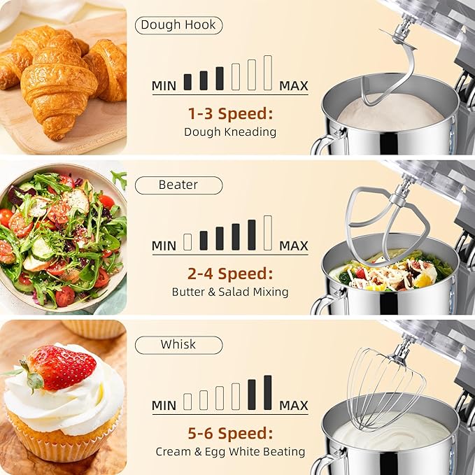 8.45 QT Stand Mixer - 660W 6 Speed Large Capacity Kitchen Electric Mixer with Whisk Dough Hook Mixing Beater Household Food Mixer for Baking Cakes Cookie Bread Salad (Silver)