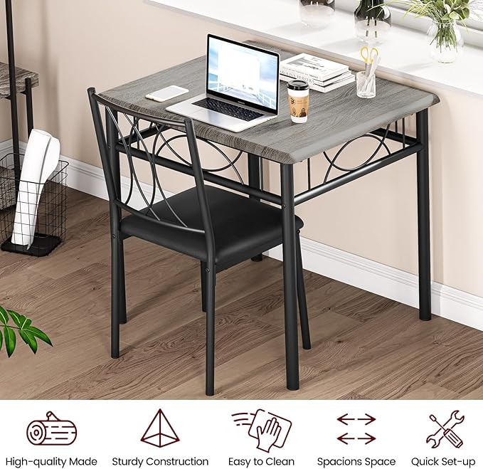 Dining Table Set for 2, Kitchen Table with 2 Upholstered Chairs, Wood 3-Piece Kitchen Dining Room Table Set for Apartment, Small Space, Space Saving, Retro Gary